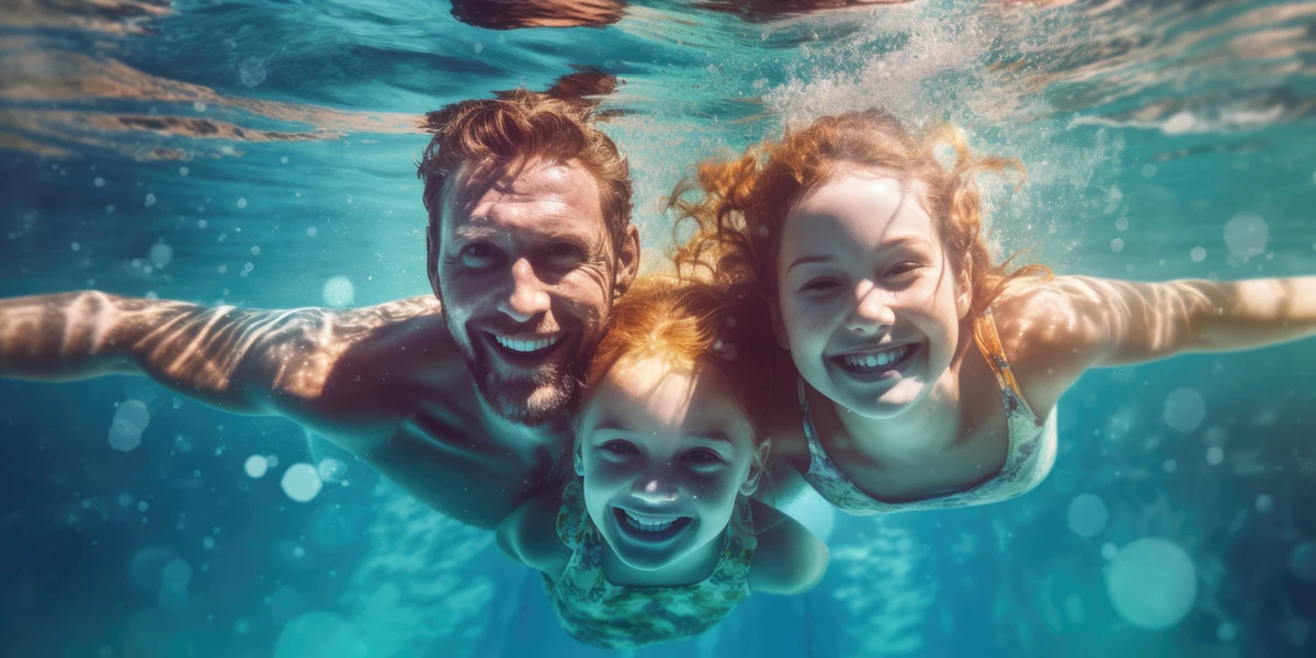 Familie, die im Pool schwimmt